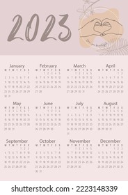 Vector. Calendar 2023. Pastel colors, flowers, people's hands. You are beautiful.	