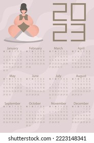 Vector. Calendar 2023. Pastel colors, flowers, people. The girl is doing yoga. Healthy lifestyle.	
