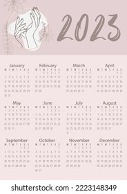 Vector. Calendar 2023. Pastel colors, flowers, people's hands. You are beautiful.	