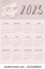 Vector. Calendar 2023. Pastel colors, flowers, people's hands. You are beautiful.	