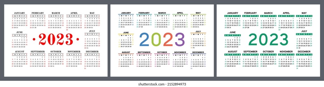 Vector calendar 2023 set. Landscape design. English horizontal wall or pocket calender template