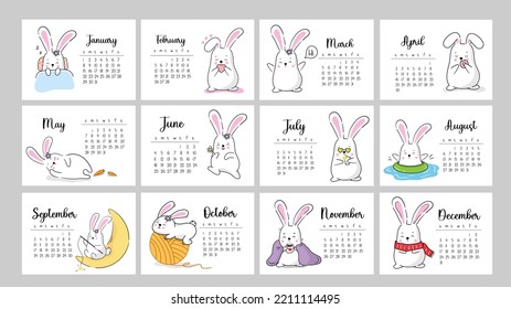 Vector calendar 2023 with symbol of the year rabbit. Cute funny kawaii character baby bunny. Week starts in Sunday. Template with cover in size A4 A3 A2 A5.