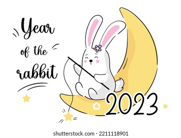 Vector calendar 2023 with symbol of the year rabbit. Cute funny kawaii character baby bunny. Week starts in Sunday. Template with cover in size A4 A3 A2 A5.