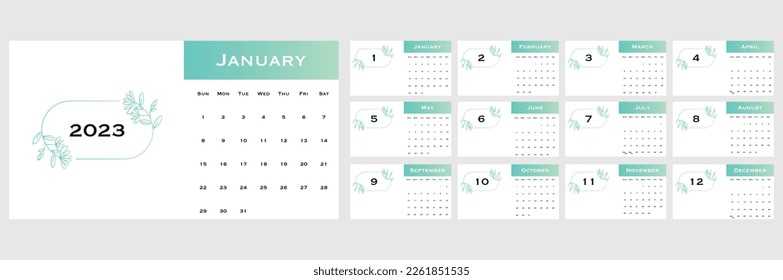 Vector calendar for 2023. The week starts on Sunday. Set of page templates with months decorated with beautiful flowers with a gradient on a white background. In green color.