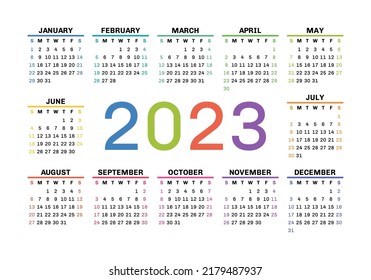 Vektorkalender 2023 Jahr. Landschaftsdesign. Englische horizontale Wand- oder Taschenkalender-Vorlage