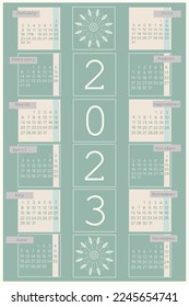 vector calendar for 2023 year with months in light blue color and elegant flower