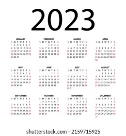 Vector calendar for 2023 year on white background. 