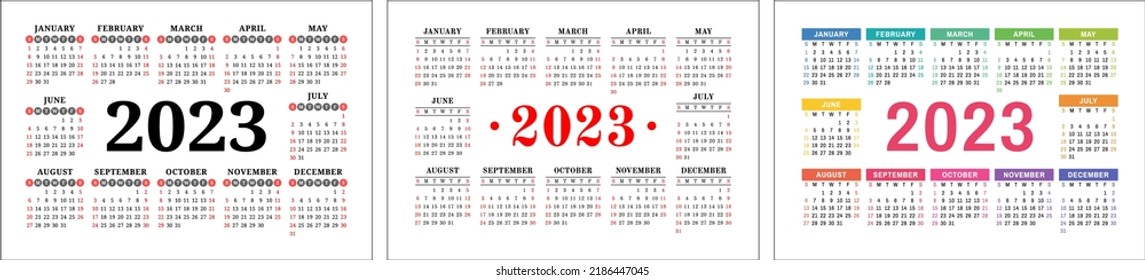 Calendario de vectores 2023 año establecido. Diseño paisajístico. Plantilla horizontal de pared o calandra de bolsillo en inglés