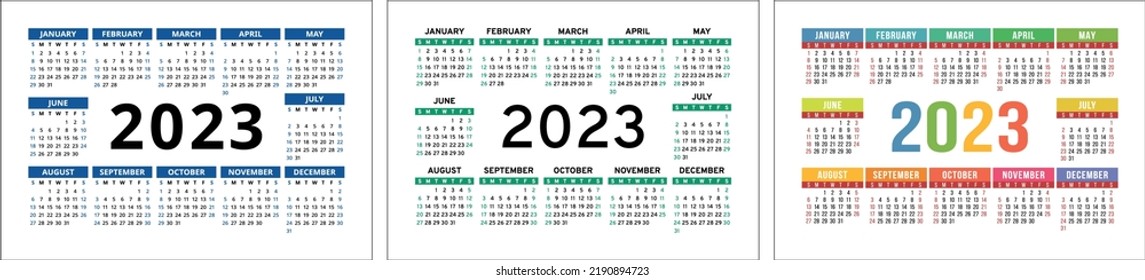 Vector calendar 2023 year set. Landscape design. English horizontal wall or pocket calender template