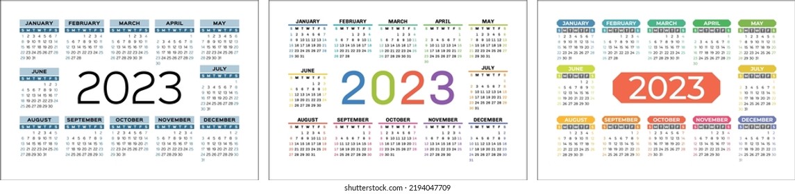 Vector calendar 2023 year set. Landscape design. English horizontal wall or pocket calender template