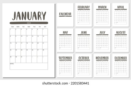 Vector Calendar for 2023 Year. Set of 12 Months. Week Starts Sunday. Stationery Design for Printable.