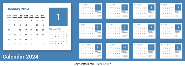 Vector of calendar 2024, calender 2024,or desk calendar 2024.2024 calendar template with blue as main color week start on Sunday. Sunday as weekend.  Good for planner, schedule,daily log ,diary,etc.