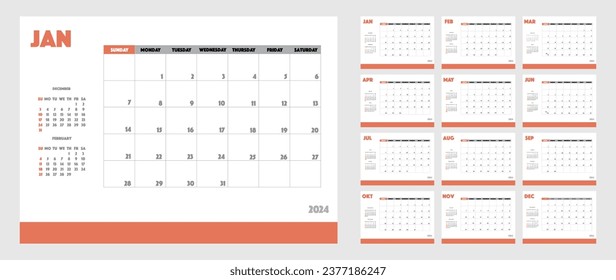Calendario vectorial para 2024 en estilo minimalista. Calendario corporativo y comercial en color rojo. La semana empieza el domingo.