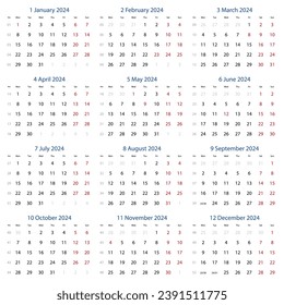 Vector calendar 2024 with the week begins on monday.