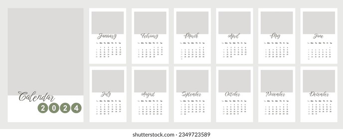 Calendario vectorial para el diseño de 2024 año con un gráfico simple para la planificación de oficinas con meses y semanas. Plantilla anual de organizador diario