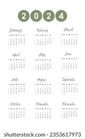 Vector calendar for 2024 year design with simple graphic for office planning with months and weeks. Annual daily organizer template