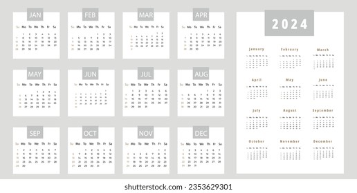 Vector calendar for 2024 year design with simple graphic for office planning with months and weeks. Annual daily organizer template