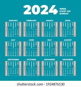 Vector Calendar 2024 year. Weeks start on Sunday