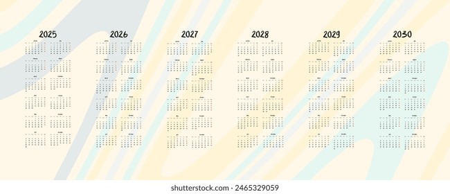 Calendario de Vectores para 2025, 2026, 2027, 2028, 2029 y 2030. Ideal para la planificación, oficina y decoración del hogar.