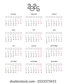 Vector calendar 2025 in English language. Vector calendar 
