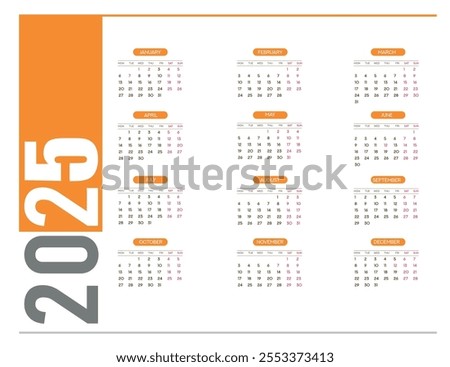 Vector calendar 2025 in English language. Vector calendar 