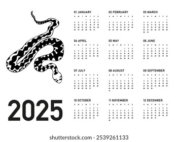 Calendario de Vector 2025, el año de la serpiente verde según el calendario chino, la semana comienza el domingo, sobre fondo blanco con la serpiente pitón negra. Calendario de negocios Horizontal en estilo minimalista