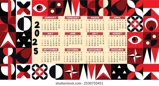 Calendario de Vector 2025 año Plantilla con Formas geométricas. La semana calendario Horizontal comienza el domingo. Organizador anual. Plantilla de calendario simple en diseño minimalista.