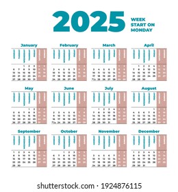 Vector Calendar 2025 Year Weeks Start Stock Vector (Royalty Free ...