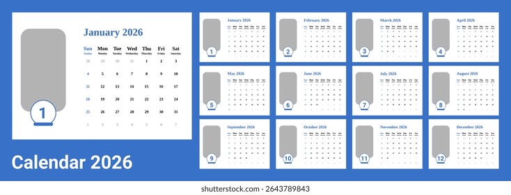 Vetor do calendário 2026 com design mínimo e azul como a cor principal . A semana começa no domingo e no domingo como fim de semana. Calendário de mesa 2026 em projeto de paisagem ou orientação horizontal.Tamanho A4.