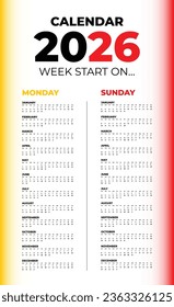 Vector calendar for 2026 on a white background. Week start on Monday and Sunday