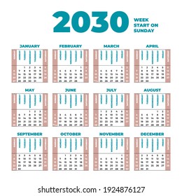 Calendario de vectores 2030 año. Las semanas empiezan el domingo