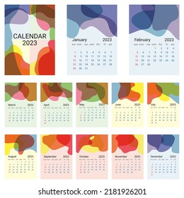 Vector calendar with abstract pattern for 2023 in vertical A4 format. Calendar for 2023 for 12 months with cover. The week starts on Sunday.