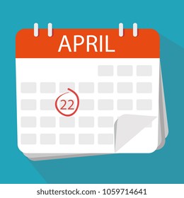 Vector calendar app icon. Earth day. April the 22th. 