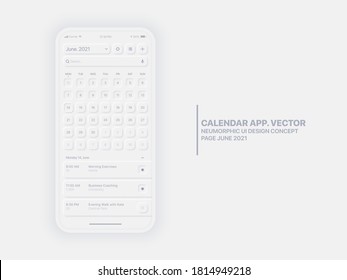 Vector Calendar App Page Juni 2021 mit To Do List and Tasks Conceptual UI UX Light Neumorphic Design Mock up isoliert auf weißem Hintergrund. Neumorphismus-Stilplaner Anwendung Vorlage Handy