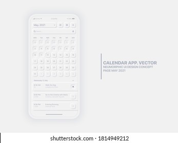 Vector Calendar App Page May 2021 with To Do List and Tasks Conceptual UI UX Neumorphic Design Mockup Isolated on White Background. Neumorphism Elements Planner Application Template for Mobile Phone