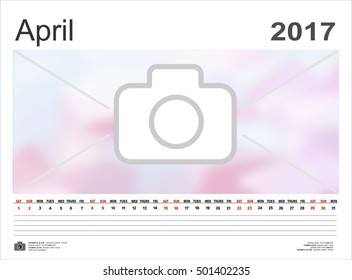 Vector calendar April 2017. Design Template with Place for Photos and Notes.