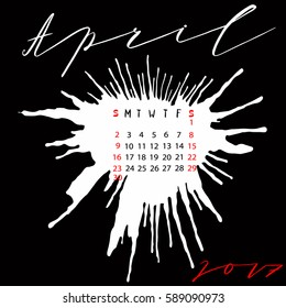 Vector calendar for April 2017. Hand drawn letters for calendar design