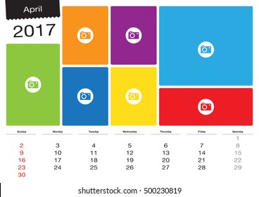 Vector calendar April, 2017 with image frames, A3 size - Change the image frames with your photos.