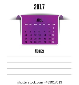 Vector calendar April 2017 with a place for notes. Weeks start on Monday