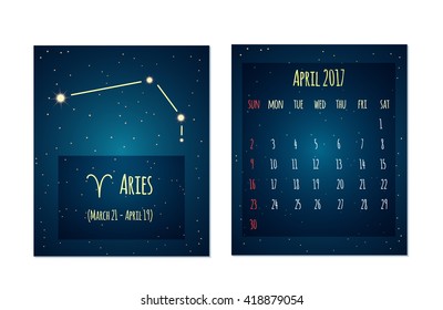 Vector calendar for April 2017 in the space style. Calendar with the image of the Aries constellation in the night starry sky. Elements for creative design ideas of your calendar