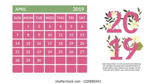 vector Calendar April 2019.  Week starts on Sunday. English calender. Happy  New year