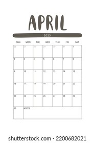 Vector Calendar for April 2023. Week Starts Sunday. Stationery Design for Printable.