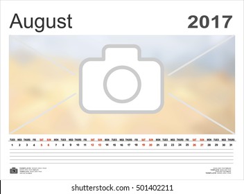 Vector calendar August 2017. Design Template with Place for Photos and Notes.
