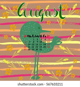Vector calendar for August 2017. Hand drawn letters for calendar design.Cute birds