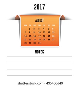 Vector calendar August 2017 with a place for notes. Weeks start on Monday