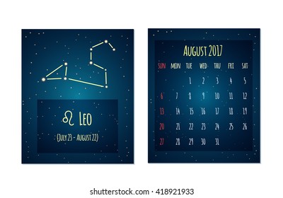 Vector calendar for august 2017 in the space style. Calendar with the image of the Leo constellation in the night starry sky. Elements for creative design ideas of your calendar