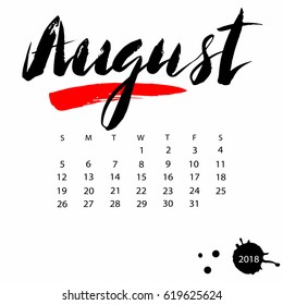 Vector calendar for August 2018. Hand drawn letters for calendar design
