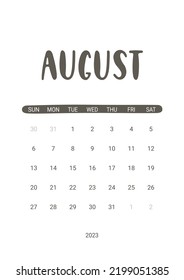 Vector Calendar for August 2023. Week Starts Sunday. Stationery Design for Printable.