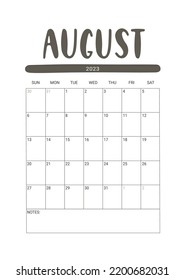 Vector Calendar for August 2023. Week Starts Sunday. Stationery Design for Printable.