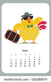 Vector calendar banner card sticker with yellow rooster. Start to travel. Summer time. Easter
